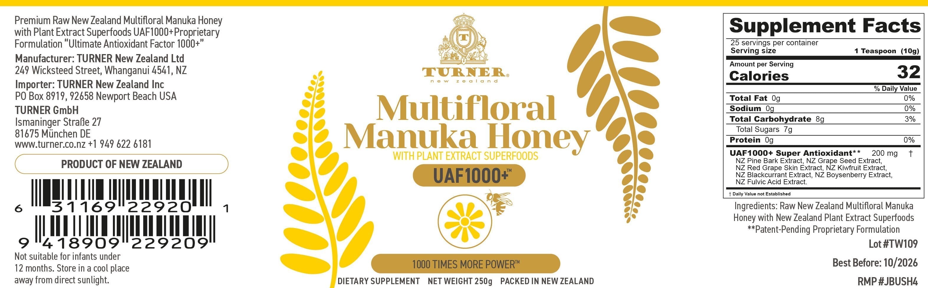 Multifloral Manuka Honey UAF1000+®, TURNER New Zealand, 